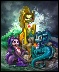 Size: 1021x1236 | Tagged: safe, artist:harwick, character:adagio dazzle, character:aria blaze, character:sonata dusk, species:siren, equestria girls:rainbow rocks, g4, my little pony: equestria girls, my little pony:equestria girls, cloven hooves, female, floppy ears, frown, gem, glare, grin, hippocampus, looking at you, merpony, raised hoof, rock, siren gem, sirens doing siren things, smiling, smirk, starenata, the dazzlings, thousand yard stare, water, wave, wide eyes