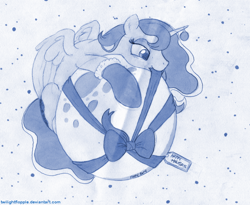 Size: 1100x900 | Tagged: safe, artist:foxxy-arts, character:princess luna, female, monochrome, moon, mouth hold, solo, tangible heavenly object, traditional art
