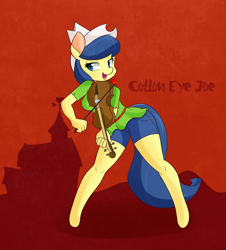 Size: 2000x2214 | Tagged: safe, artist:hidden-cat, character:fiddlesticks, species:anthro, apple family member, bow (instrument), clothing, cotton eyed joe, female, fiddle, musical instrument, playing, shorts, solo