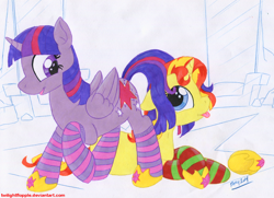 Size: 1246x900 | Tagged: safe, artist:foxxy-arts, character:sunset shimmer, character:twilight sparkle, character:twilight sparkle (alicorn), species:alicorn, species:pony, species:unicorn, clothing, shoes, socks, sockset shimmer, striped socks, tongue out, traditional art
