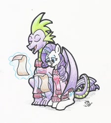 Size: 1504x1668 | Tagged: safe, artist:sensko, character:rarity, character:spike, species:dragon, species:pony, species:unicorn, ship:sparity, caroling, clothing, eyes closed, female, glasses, male, mare, older, older spike, pencil drawing, shipping, simple background, straight, sweater, traditional art, white background, winged spike, wings