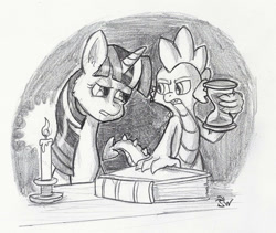 Size: 1179x994 | Tagged: safe, artist:sensko, character:spike, character:twilight sparkle, species:dragon, species:pony, black and white, book, candle, duo, grayscale, hourglass, monochrome, pencil drawing, sleepy, traditional art