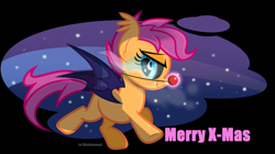 Size: 1024x575 | Tagged: safe, artist:wicklesmack, character:scootaloo, species:bat pony, species:pegasus, species:pony, bat ponified, female, race swap, red nose, scootabat, solo, student of the night
