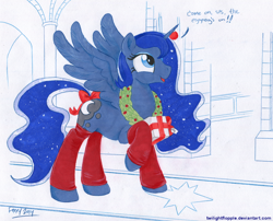 Size: 1112x900 | Tagged: safe, artist:foxxy-arts, character:princess luna, female, leg warmers, present, raised hoof, solo, spread wings, tail bow, traditional art, wings, winter solstice