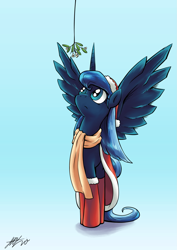 Size: 1447x2046 | Tagged: dead source, safe, artist:lovelyneckbeard, character:princess luna, species:alicorn, species:pony, g4, boots, clothing, curious, female, frown, gradient background, hat, looking up, mare, mistletoe, santa costume, santa hat, scarf, signature, solo, spread wings, wings