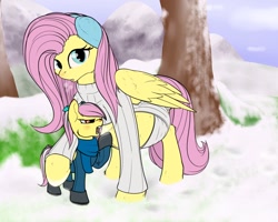 Size: 1280x1024 | Tagged: safe, artist:m-p-l, character:fluttershy, oc, oc:midnight dew, parent:discord, parent:fluttershy, parents:discoshy, belly, clothing, earmuffs, fluttermom, hybrid, interspecies offspring, keyhole turtleneck, offspring, open-chest sweater, preggoshy, pregnant, scarf, snow, story included, sweater, sweatershy, turtleneck