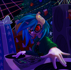 Size: 3500x3450 | Tagged: safe, artist:futaku, character:dj pon-3, character:vinyl scratch, species:anthro, candy cane, christmas, christmas tree, clothing, female, high res, my little hoe hoe hoe, present, solo, speakers, sweater, tongue out, tree, turntable