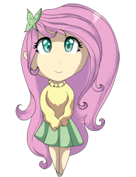 Size: 894x1164 | Tagged: safe, artist:uunicornicc, character:fluttershy, chibi, clothing, female, humanized, simple background, skirt, solo, sweater, sweatershy, transparent background