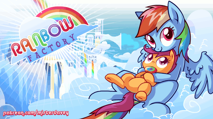 Size: 714x402 | Tagged: safe, artist:misterdavey, character:rainbow dash, character:scootaloo, species:pegasus, species:pony, fanfic:rainbow factory, animated, cloud, cloudy, cuddling, cute, cutealoo, dashabetes, female, grimcute, hug, logo, lollipop, looking at you, on back, patreon, pegasus device, sitting, smiling, snuggling, spread wings, this will end in tears and/or death, wings
