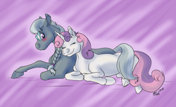 Size: 1124x684 | Tagged: safe, artist:carnivorouscaribou, character:silver spoon, character:sweetie belle, blushing, eyes closed, implied shipping, older, older silver spoon, older sweetie belle, prone, smiling, snuggling