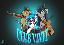 Size: 2046x1447 | Tagged: safe, artist:lovelyneckbeard, character:dj pon-3, character:octavia melody, character:vinyl scratch, species:pony, bipedal, bow (instrument), cello, cello bow, commission, concerto, musical instrument, sunglasses, turntable, violin, violin bow
