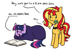 Size: 1153x787 | Tagged: dead source, safe, artist:estrill, character:sunset shimmer, character:twilight sparkle, character:twilight sparkle (alicorn), species:alicorn, species:pony, ship:sunsetsparkle, bae, bby, blanket, blanket burrito, book, bow tie, female, flower, flower in mouth, lesbian, mare, mouth hold, open mouth, prone, reading, shipping, simple background, white background