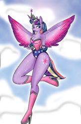 Size: 1024x1566 | Tagged: safe, artist:odiz, character:twilight sparkle, character:twilight sparkle (alicorn), species:alicorn, species:anthro, beautiful, bedroom eyes, boots, breasts, cleavage, cosplay, curvy, cute, eyeshadow, female, high heel boots, impossibly wide hips, jewelry, legs, lipstick, makeup, purple eyes, purple hair, shoes, solo, superhero, wide hips, wonder woman