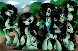 Size: 1205x783 | Tagged: safe, artist:ponygoddess, oc, oc only, oc:sappho, g1, g2, g3, g3.5, my little pony 'n friends, my little pony tales, my little pony:equestria girls, bedroom eyes, cutie mark, earring, equestria girls-ified, floppy ears, g1 to g4, g4 to g1, g4 to g2, g4 to g3, g4 to g3.5, generation leap, generational ponidox, generations, gritted teeth, hair over one eye, looking at you, looking back, looking back at you, one eye closed, open mouth, ponidox, self ponidox, smiling, smiling at you, watermark, wink