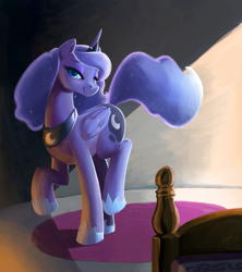 Size: 1137x1280 | Tagged: safe, artist:ajin, character:princess luna, species:alicorn, species:pony, bed, bedroom eyes, blushing, cute, female, looking at you, mare, raised hoof, raised leg, smiling, solo