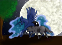 Size: 6900x5100 | Tagged: safe, artist:littlewolfstudios, character:princess luna, species:pony, species:wolf, absurd resolution, moonbutt, moonlight, night, night sky, princess, stars, trotting, walking, watermark