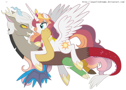 Size: 3968x2840 | Tagged: dead source, safe, artist:jaquelindreamz, character:discord, character:princess celestia, oc:eris, species:alicorn, species:draconequus, species:pony, ship:dislestia, caos, eye contact, fangs, female, floating, frown, glare, grin, lidded eyes, male, mare, prince solaris, princess helia, prone, redraw, rule 63, rule 63'd rule 63, shipping, simple background, smiling, smirk, spread wings, straight, transparent background, we need to go deeper, wings, yellow sclera