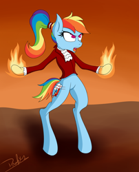 Size: 1036x1280 | Tagged: safe, artist:drakxs, character:rainbow dash, species:pony, alternate hairstyle, angry, bipedal, clothing, edmond dantes, female, fire, hell to your doorstep, open mouth, ponytail, rainbow dantes, rainbow dash always dresses in style, short tail, singing, suit, the count of monte cristo
