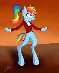 Size: 1036x1280 | Tagged: safe, artist:drakxs, character:rainbow dash, species:pony, alternate hairstyle, angry, bipedal, clothing, edmond dantes, hell to your doorstep, open mouth, ponytail, short tail, suit, the count of monte cristo