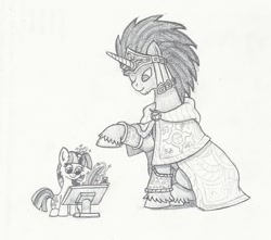 Size: 950x841 | Tagged: safe, artist:sensko, character:twilight sparkle, character:twilight sparkle (unicorn), species:pony, species:unicorn, black and white, crossover, duo, female, filly, filly twilight sparkle, foal, grayscale, magic, magnus the red, male, monochrome, one eyed, pencil drawing, ponified, primarch, psyker, simple background, stallion, telekinesis, this will end in warp storms, thousand sons, traditional art, warhammer (game), warhammer 30k, warhammer 40k, white background, younger