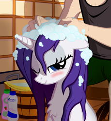 Size: 1100x1200 | Tagged: safe, artist:ponyecho, character:rarity, oc, oc:anon, species:human, species:pony, species:unicorn, bath, bathing, bedroom eyes, blushing, bubble, bust, chest fluff, cropped, cute, female, floppy ears, fluffy, human on pony action, interspecies, looking at you, mare, ponyecho is trying to murder us, portrait, raribetes, shampoo, show accurate, smiling, soap, washing, washing hair, wet, wet mane, wet mane rarity, wink