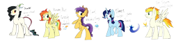 Size: 3100x771 | Tagged: safe, artist:yaaaco, character:princess celestia, character:trixie, oc, oc only, parent:applejack, parent:discord, parent:fluttershy, parent:princess celestia, parent:rainbow dash, parent:rarity, parent:trixie, parent:twilight sparkle, parents:dislestia, parents:flutterdash, parents:rarijack, parents:soarinfire, parents:twixie, female, hybrid, interspecies offspring, magical lesbian spawn, male, offspring