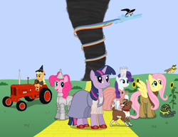 Size: 2800x2161 | Tagged: safe, artist:lonewolf3878, character:applejack, character:fluttershy, character:pinkie pie, character:rainbow dash, character:rarity, character:twilight sparkle, character:winona, crossover, mane six, the wizard of oz, tornado, tractor, wizzard of oz