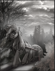 Size: 681x873 | Tagged: safe, artist:blindcoyote, character:applejack, cart, female, scenery, sketch, solo