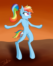 Size: 1700x2100 | Tagged: safe, artist:drakxs, character:rainbow dash, species:pony, alternate hairstyle, bipedal, come at me bro, ponytail, semi-anthro, skinny