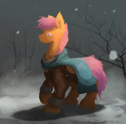 Size: 2800x2759 | Tagged: safe, artist:fuzzyfox11, character:scootaloo, species:pegasus, species:pony, clothing, coat, older, scarf, snow, snowfall, winter