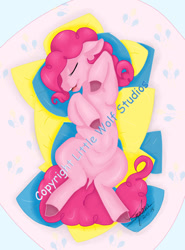 Size: 400x541 | Tagged: safe, artist:littlewolfstudios, character:pinkie pie, belly, female, nap, open mouth, pillow, sleeping, snooze, solo, teeth, tongue out, watermark