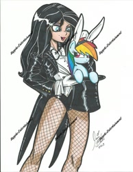 Size: 1205x1553 | Tagged: safe, artist:ponygoddess, character:rainbow dash, species:human, bunny ears, clothing, crossover, cute, dashabetes, dc comics, fishnets, hat, magic trick, magician, simple background, tailcoat, top hat, traditional art, unamused, watermark, white background, zatanna