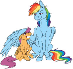Size: 811x768 | Tagged: safe, artist:carnivorouscaribou, character:rainbow dash, character:scootaloo, species:pegasus, species:pony, :t, eye contact, female, filly, floppy ears, grin, horse, hug, leg fluff, lidded eyes, looking at each other, mare, raised hoof, scootalove, simple background, sitting, smiling, smirk, squee, transparent background, unshorn fetlocks, wing fluff, winghug