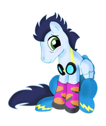 Size: 599x712 | Tagged: safe, artist:foxxy-arts, edit, character:soarin', species:pegasus, species:pony, blushing, clothing, goggles, male, pie, simple background, socks, solo, that pony sure does love pies, transparent background, wonderbolts uniform