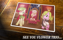 Size: 1280x809 | Tagged: safe, artist:why485, character:daisy, character:lily, character:lily valley, character:roseluck, ask, ask the flower trio, clothing, costume, flower trio, tumblr