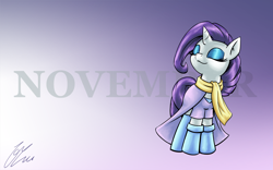 Size: 4000x2500 | Tagged: safe, artist:lovelyneckbeard, character:rarity, clothing, eyes closed, female, november, scarf, smiling, solo