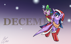 Size: 4000x2500 | Tagged: safe, artist:lovelyneckbeard, character:spike, character:twilight sparkle, character:twilight sparkle (alicorn), species:alicorn, species:pony, boots, catching snowflakes, clothing, december, female, hat, mare, open mouth, raised hoof, santa hat, scarf, snow, snowflake
