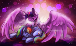Size: 1200x728 | Tagged: safe, artist:blindcoyote, character:rainbow dash, character:twilight sparkle, character:twilight sparkle (alicorn), species:alicorn, species:pony, ship:twidash, cuddling, female, lesbian, mare, shipping, snuggling