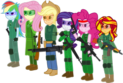 Size: 1443x978 | Tagged: safe, artist:totallynotabronyfim, character:applejack, character:fluttershy, character:pinkie pie, character:rainbow dash, character:rarity, character:sunset shimmer, my little pony:equestria girls, airsoft, aks-74u, boots, gun, humane five, humane six, m16, m4, m4a1, m60, mosin nagant, safety goggles, shooting for friendship, trigger discipline