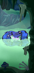 Size: 884x1920 | Tagged: safe, artist:blindcoyote, character:princess luna, cave, cave pool, female, mirror pool, solo