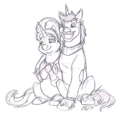 Size: 909x905 | Tagged: safe, artist:carnivorouscaribou, character:cookie crumbles, character:hondo flanks, species:pony, species:unicorn, ship:cookieflanks, monochrome, rarity's parents, shipping, sitting, sketch, smiling