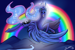 Size: 1200x800 | Tagged: safe, artist:blindcoyote, character:princess luna, female, flying, halo, hoers, majestic as fuck, night, rainbow, solo