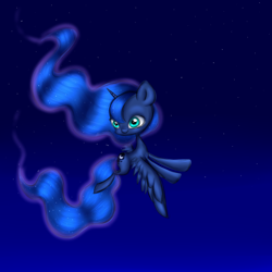 Size: 540x540 | Tagged: safe, artist:pinipy, character:princess luna, blue, cute, female, filly, flying, night, night sky, single, solo, woona