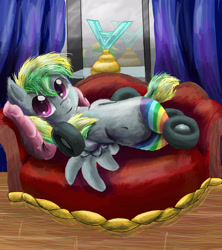Size: 3349x3772 | Tagged: safe, artist:owlvortex, oc, oc only, oc:wheely bopper, belly button, couch, curtains, draw me like one of your french girls, looking at you, original species, smiling, solo, trophy, wheelpone