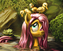 Size: 2000x1614 | Tagged: safe, artist:harwick, character:fluttershy, species:duck, species:pegasus, species:pony, g4, blep, bush, cute, digital art, digital painting, duckling, female, hair over one eye, looking up, mare, old version, painting, pond, scenery, shyabetes, smiling, solo, spit, swimming, tongue out, update, water, wet mane