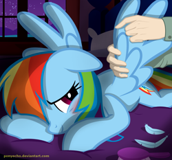 Size: 1500x1400 | Tagged: safe, artist:ponyecho, character:rainbow dash, species:human, species:pony, bed, bedroom eyes, blushing, brush, cute, dashabetes, embarrassed, feather, floppy ears, hair over one eye, hand, human on pony action, human on pony petting, interspecies, night, pillow, ponyecho is trying to murder us, preening, prone, room, show accurate, shy, smiling, spread wings, wing massage, wings