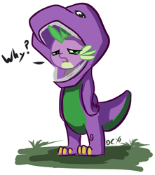 Size: 1280x1449 | Tagged: safe, artist:blindcoyote, character:spike, barney the dinosaur, clothing, costume, male, sad, solo, why