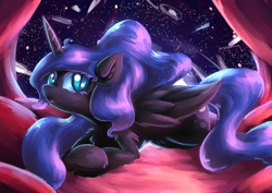 Size: 1810x1280 | Tagged: dead source, safe, artist:lovelyneckbeard, edit, character:nightmare moon, character:princess luna, bed, female, night sky, prone, solo, stars