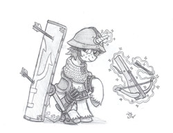 Size: 1021x783 | Tagged: safe, artist:sensko, species:pony, species:unicorn, armor, arrow, crossbow, grayscale, monochrome, pencil drawing, prance, shield, simple background, sketch, solo, traditional art, weapon, white background