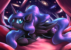 Size: 2046x1447 | Tagged: safe, artist:lovelyneckbeard, character:nightmare moon, character:princess luna, species:alicorn, species:pony, bed, chest fluff, cute, ear fluff, female, fluffy, looking at you, mare, missing accessory, open mouth, prone, solo, stars